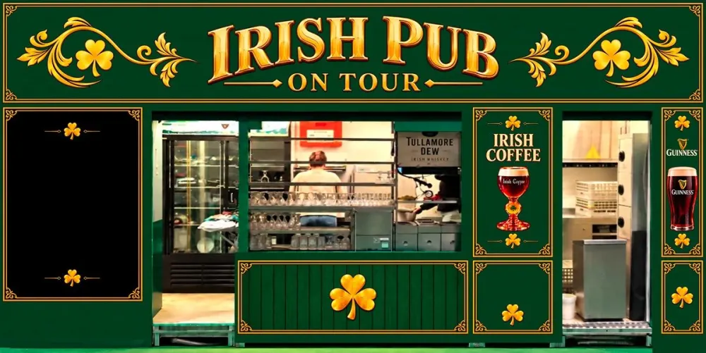 De gevel van de container van Irish Pub On Tour